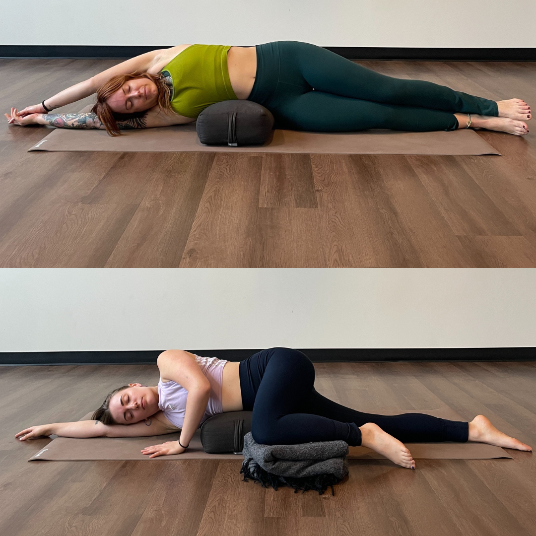 Marta Gruber and Zoe Lowden show two different variations of side lying stretch pose