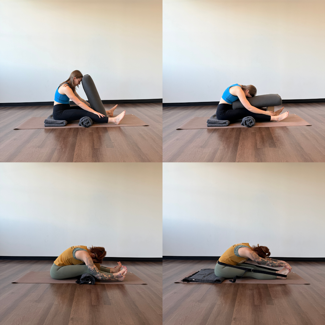 Supported Paschimottanasana Zoe Lowden and Marta Gruber show variations of supported paschimottanasana