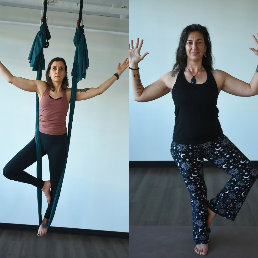 Jordan Nommay and Stephanie Schroeder practice vrkshasana variations