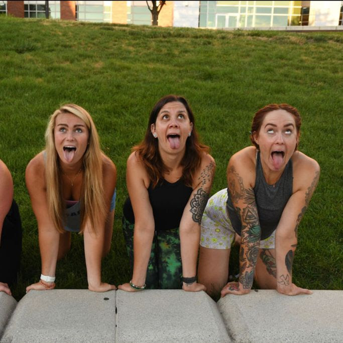 Celia Sadjadi, Jordan Nommay and Marta Gruber practice simhasana