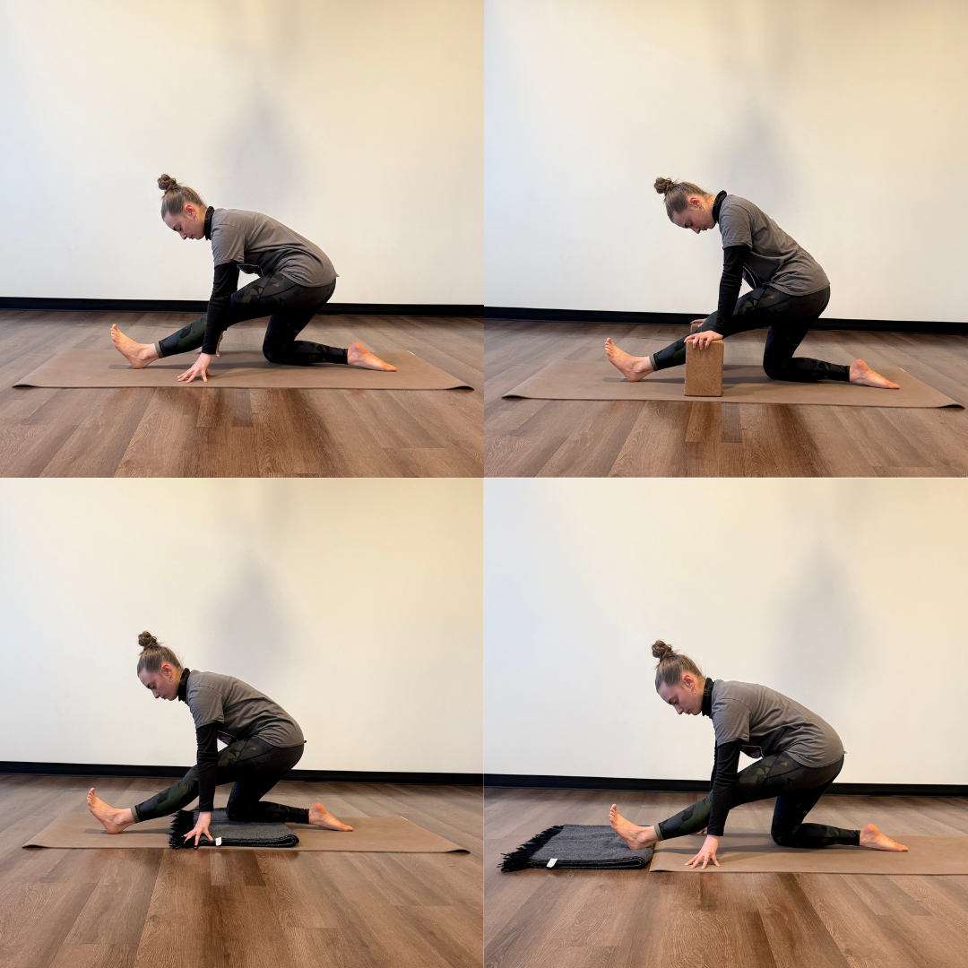 Zoe Lowden,  a white woman with brown hair pulled into a bun, wearing black leggins, a black turtleneck, and a grey short sleeve shirt on top, practice different variations of ardha hanumnasana on a tan yoga mat. In one variation she has blocks under her handsm in another she has a blanket under her knee, and in another she has a blanket under her foot. 