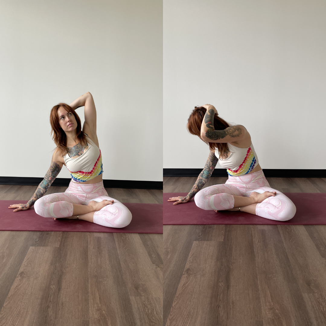 Marta Gruber, a white woman with red hair wearing light pink leggings and a white tank top practices equal pose flow on a maroon yoga mat. 