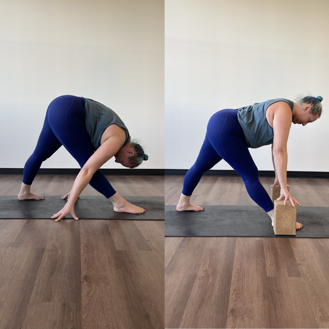 Kati Black, a white woman with blue hair wearing a blue tank top and dark blue leggings practices two variations of parsvottanasana. One position demonstrates blocks and one does not. 