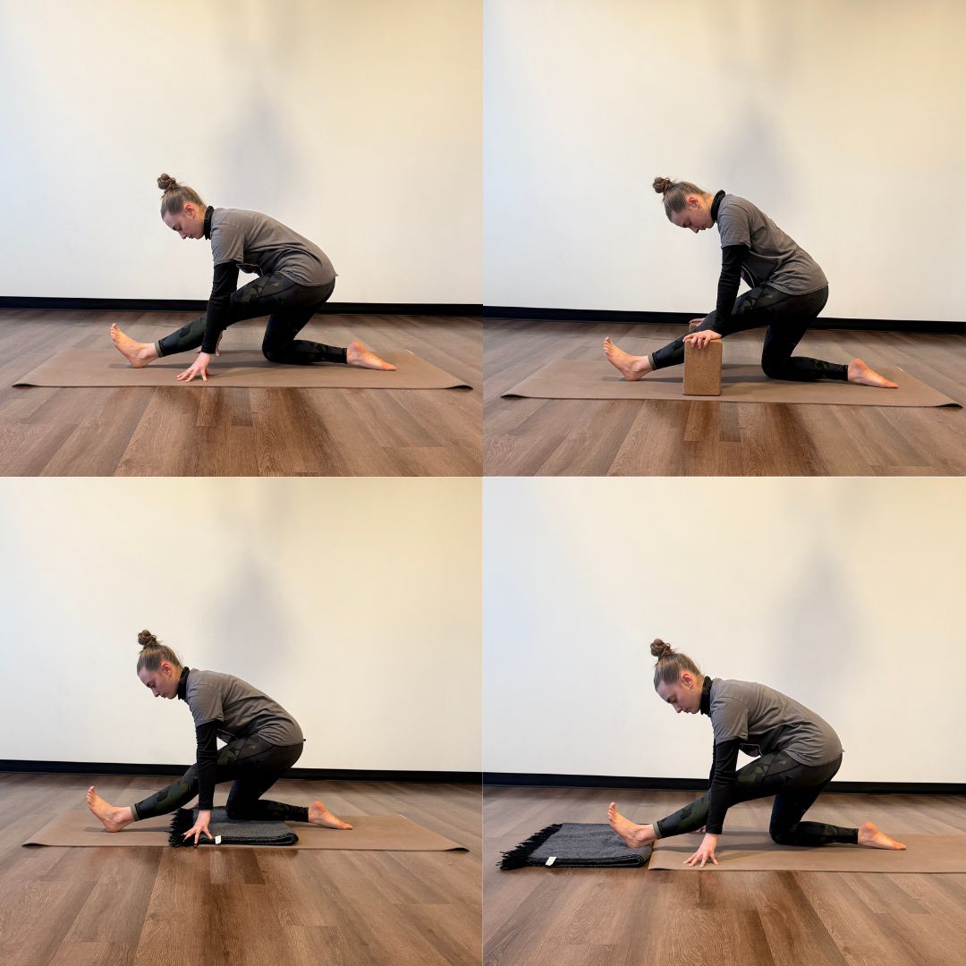 Zoe Lowden, a white woman with brown hair in a bun wearing a dark turtleneck and black leggings demonstrates four ardha hanumanasana variations on a beige yoga mat. 