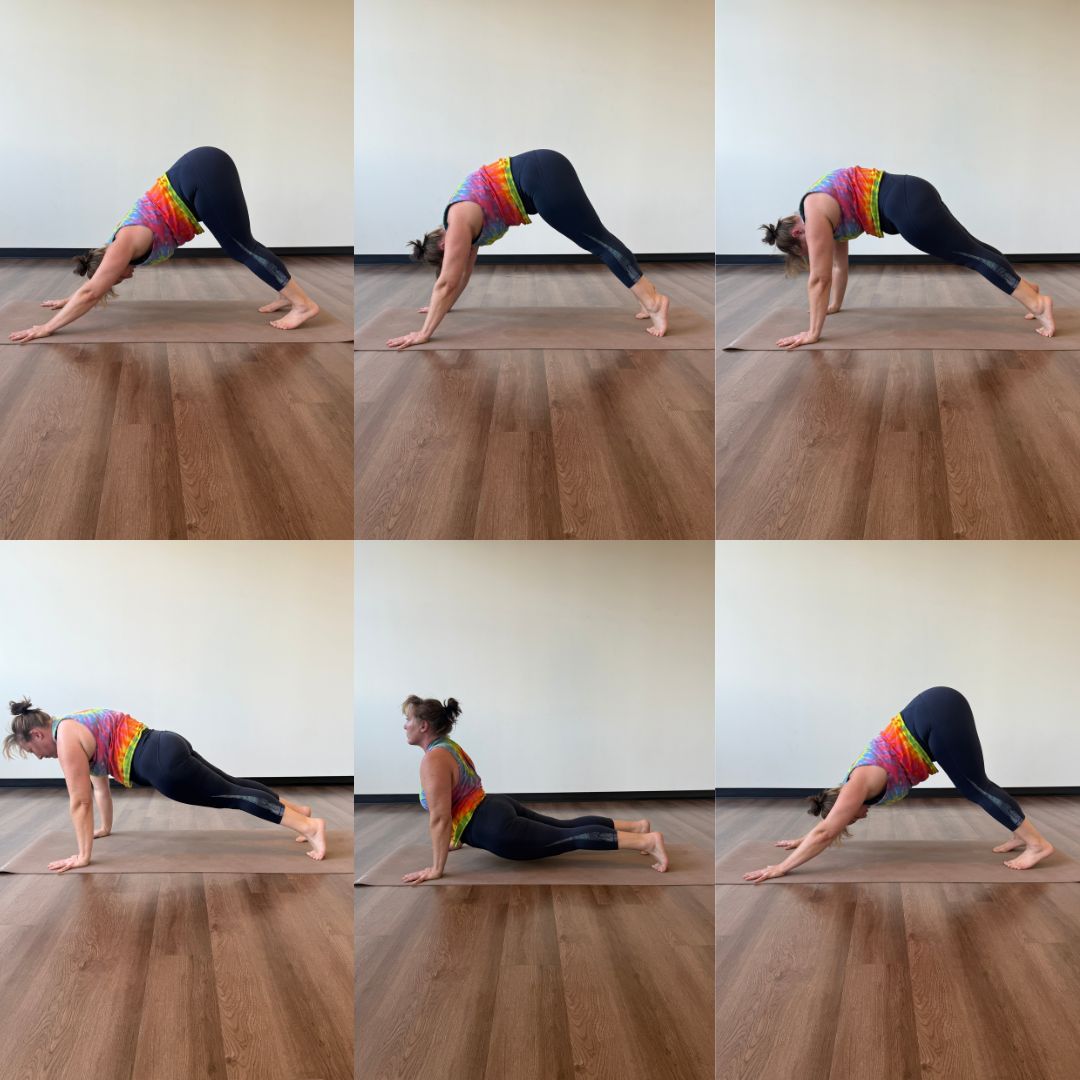 Kati Blacn, a whie woman with brown hair wearing a bred tank top and black leggings practices spinal waves on a beige yoga mat. 